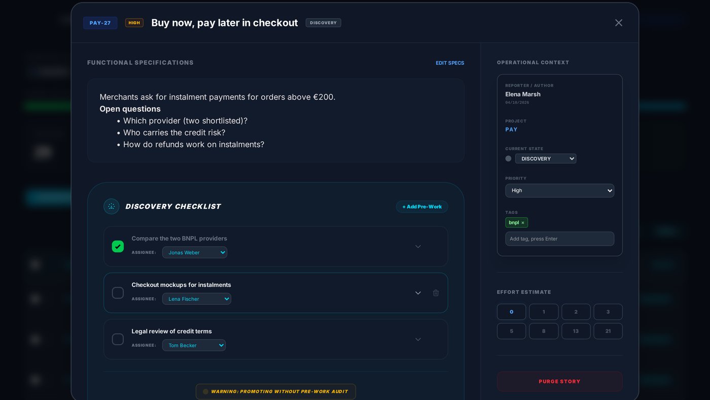 FlowGazer story in discovery with its pre-work checklist